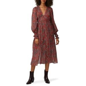 Thurley Golders Dress Paisley Boho Long Balloon Sleeve V-Neck A-Line Midi Red 4